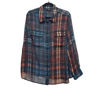 Who What WearSheer Autumn Teal Brown Plaid Button Front Blouse Top Womens 2X